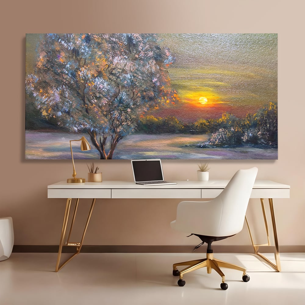 Tablou canvas cu pictura peisaj cu copac si apus, fara rama, pe sasiu de lemn, pe perete intr-un birou